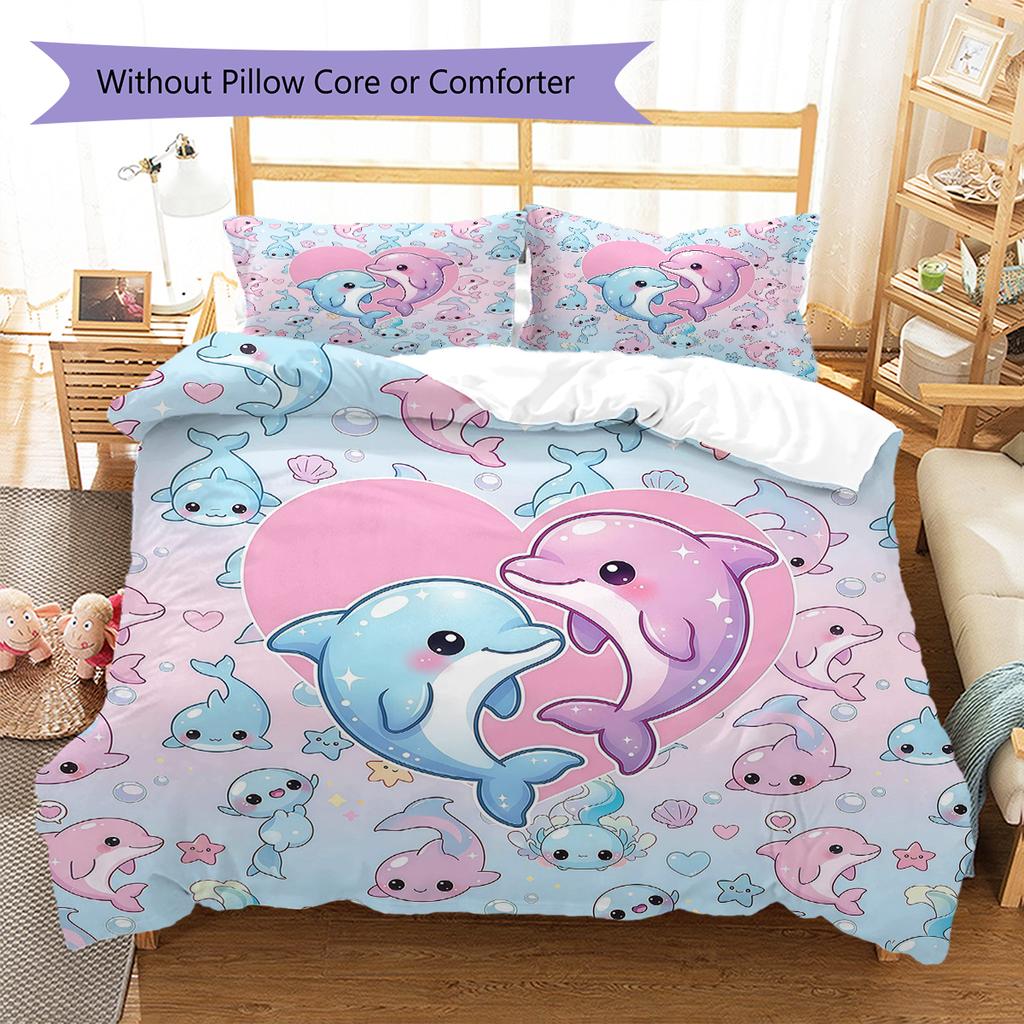 Pink Gradient Cartoon Pattern Bedding,Quilt Set Quilt Cover Pillowcase Home Birthday Gift (1 * Duvet Cover + 2 * Pillowcase, Without Core)