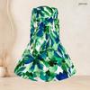 Women Plus Size Square Neck Long Sleeve Green Blue Printed A Line Flared Dress With Belt