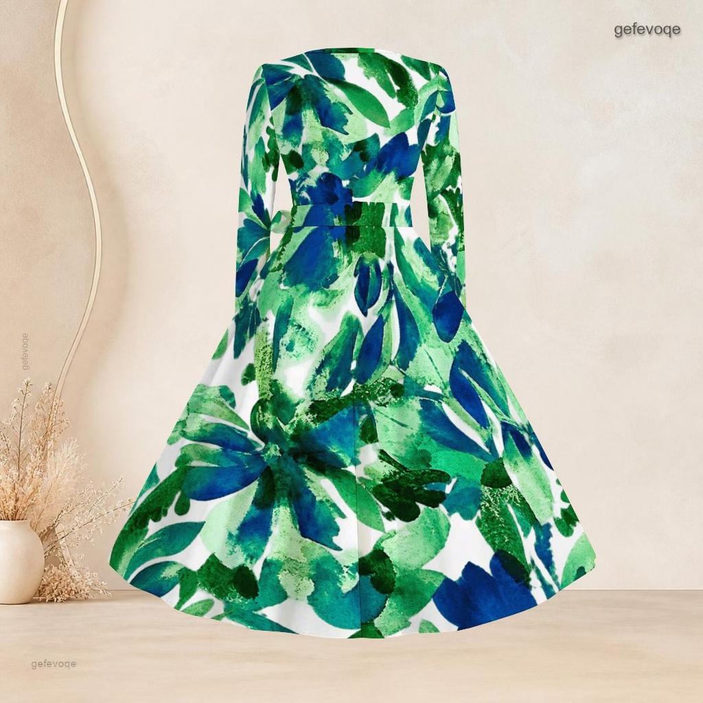 Women Plus Size Square Neck Long Sleeve Green Blue Printed A Line Flared Dress With Belt