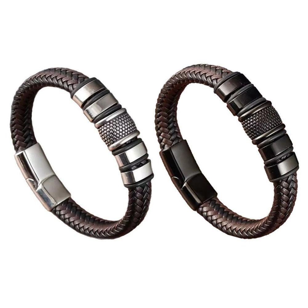 OL Style Men's Bracelets Stainless Steel Cuff Bangle  Vintage Braided Leather Bracelet for Men Male Wrist Gift New