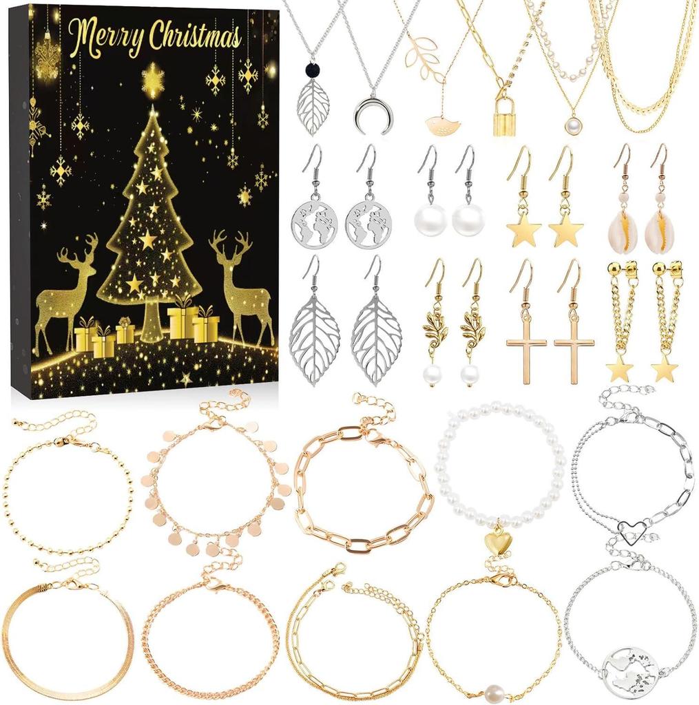 Christmas Jewelry Advent Calendar: 24 Compartments of Necklace, Bracelet & Stud Earrings Gift Box