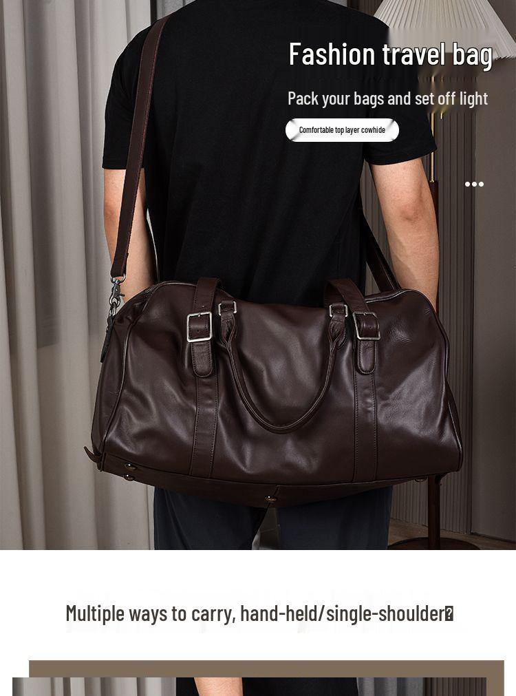 Men's Genuine Leather Multi-Functional Travel and Gym Bag - Large Capacity Cowhide Luggage Bag