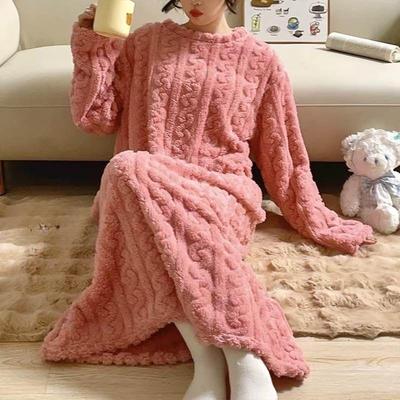 Langes warmes Nachthemd für große Frauen Herbst Winter Kältebeständig Niedlich durchgehende Länge Langarm Locker Thermisches Bademantelkleid