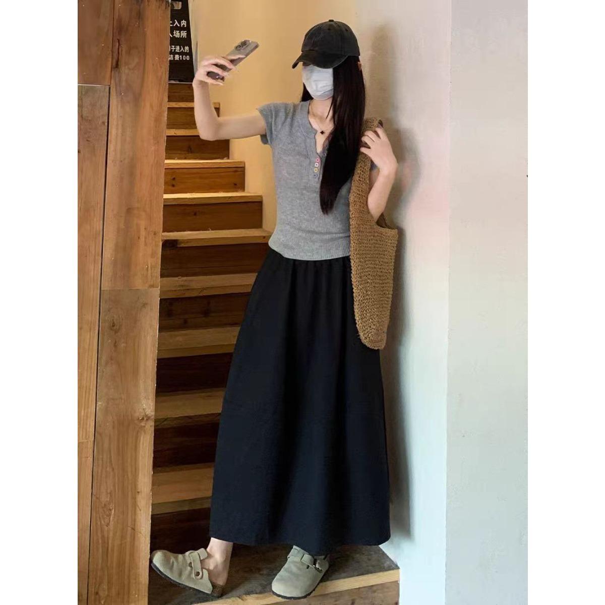 Women s Elastic Waist Drawstring Midi Skirt Loose Fit Solid Color A-Line Casual Skirt S