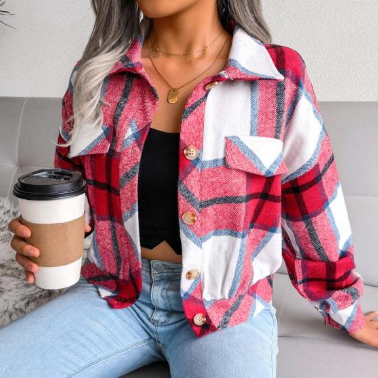 Women Loose Jacket Contrast Color Plaid Print Turn Down Collar Single Breasted Fake Pocket Long Sleeves Fall Spring Commuting