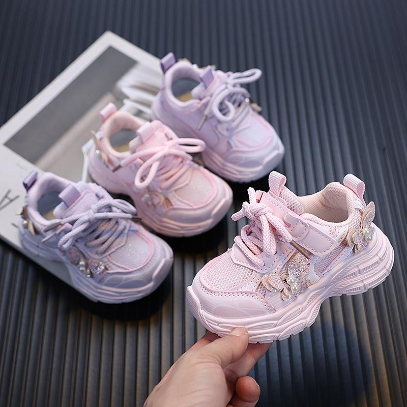 Girls' Sports Shoes 2025 Spring and Autumn New Children's Pearl Shoes Student Baby Anti Slip Soft Sole Casual Shoes