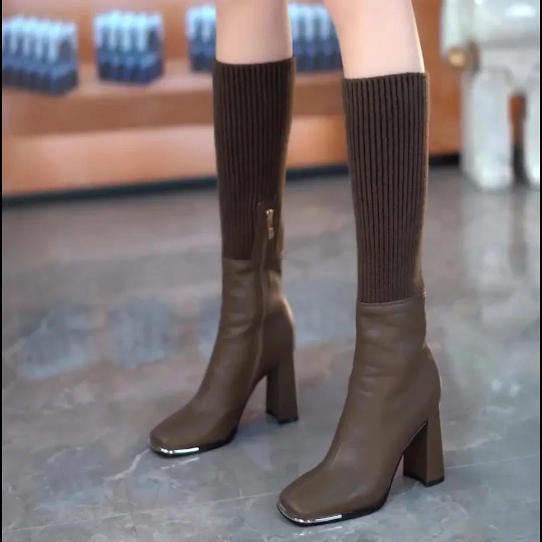 

Носки с квадратным носком, зима 2024, женские туфли до колена, дизайнерская обувь класса люкс, распродажа, женские высокие сапоги 2000 года качества 39