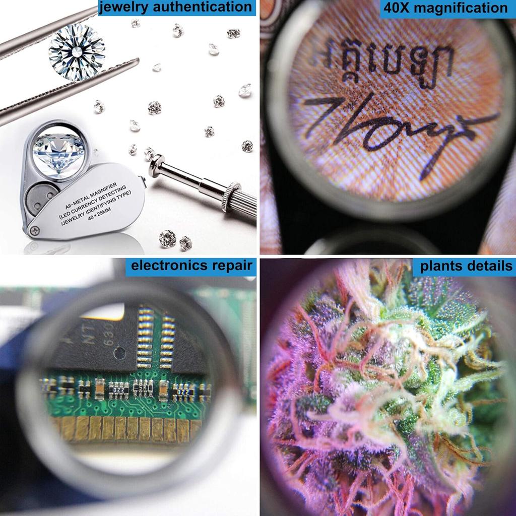 2 Pack 40X Illuminated Jewelers Loop, JLY Pocket Folding Full Metal Jewelers Loupe Magnifying Glass with Lights for LED Currency Detecting, Jewelry