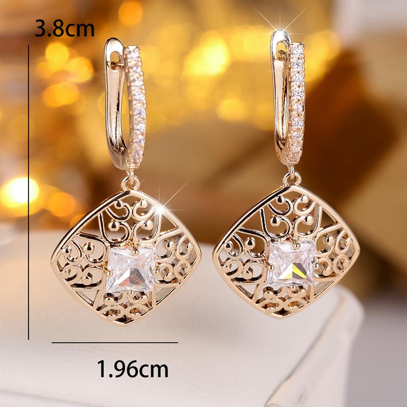 Vintage Gold Color Hollow Pattern Long Dangle Earrings for Women White Square Zircon Earrings Wedding Jewelry