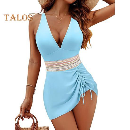 

Жіночий цільний купальник Tummy Control Slimming Modest Swim Dress Drawstring Bathing Suit Color Block Глибокий V-подібний виріз Купальники для пляжної вечірки біля басейну S синій
