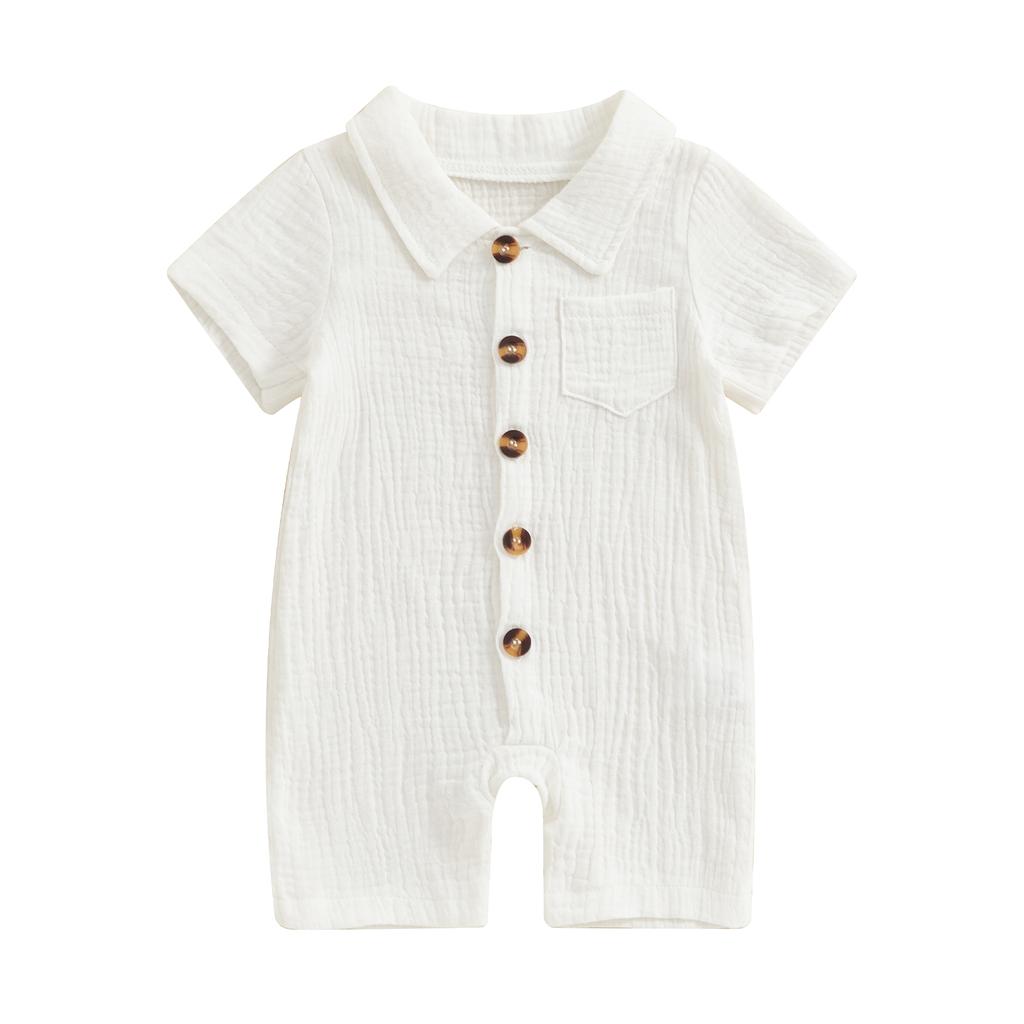 Infant Baby Boy Summer Jumpsuit Solid Color Short Sleeve Lapel Button Down Romper