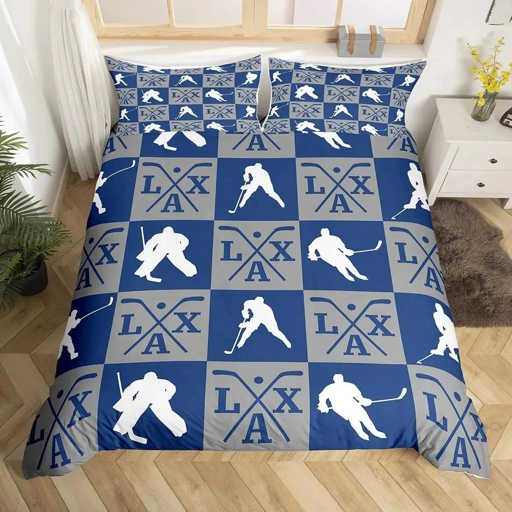 Eishockey Bettbezug-Set Full Queen Größe, Geometrisches Karo Patchwork Stilvolles Bettwäsche-Set, Athlet Wintersport Bettdeckenbezug