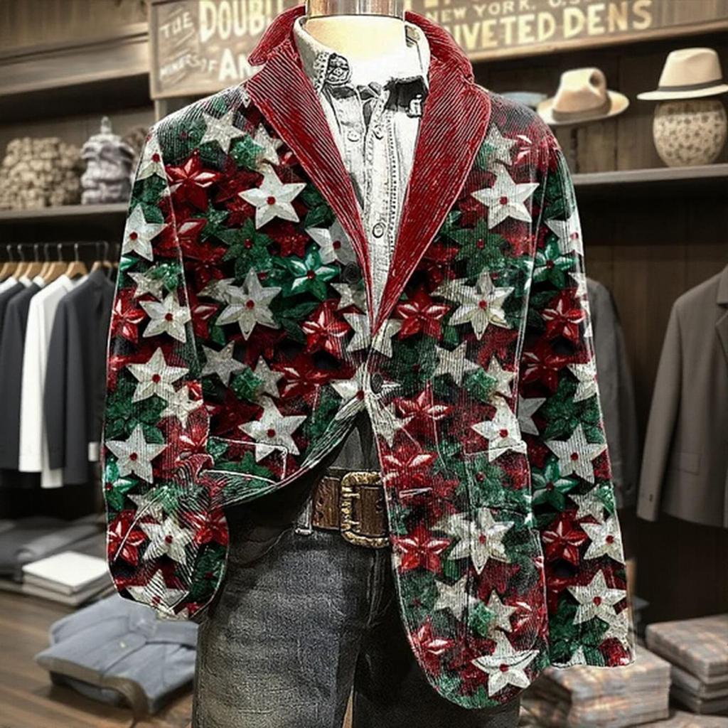 Men's Printed Corduroy Warm Pocket Suit Jacket Cardigan Men's Casual Suit