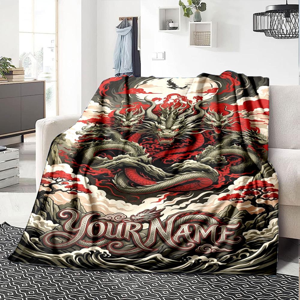 Name Custom Dragon Art Print Flannel Blanket High Quality Warm Comfortable Cover for All Seasons Perfect for Gifts Home Decor