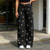 Stretchy Slim Jeans Girl's Bow Cherry Print Baggy Jeans, Wide Leg Mid Waisted Denim Pants for Women Pants, Zipper Fly Elastic Casual Streetwear