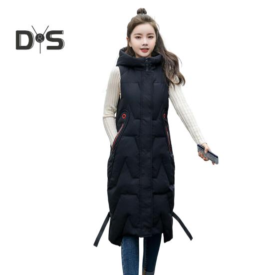 

Зимний женский жилет, утолщенный, с застежкой-молнией, с капюшоном, с декором на поясе, без рукавов, однотонный, ветрозащитный, сохраняющий тепло, уличный пуховик XXL чёрный