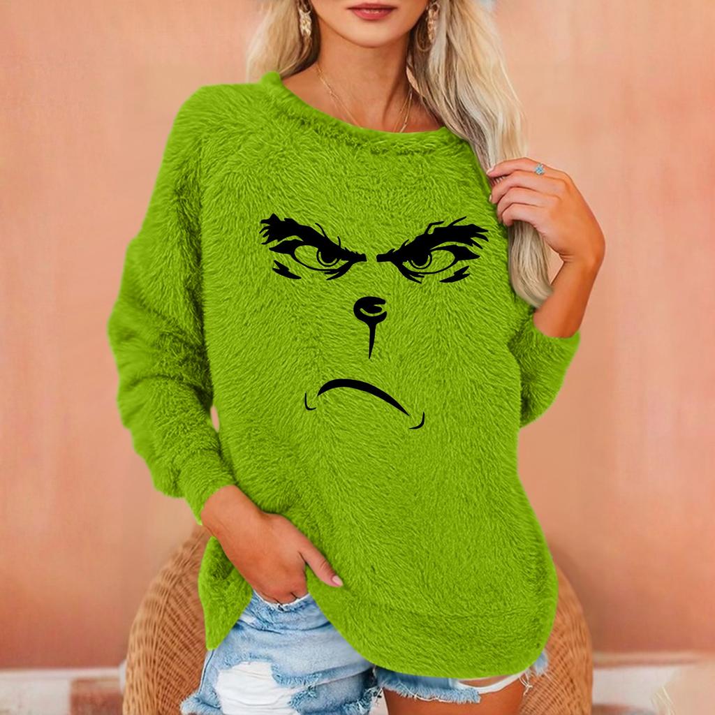 Damen Modischer Rundhals Langarm Weihnachts-Print Lockerer Plüsch Warmer Pullover