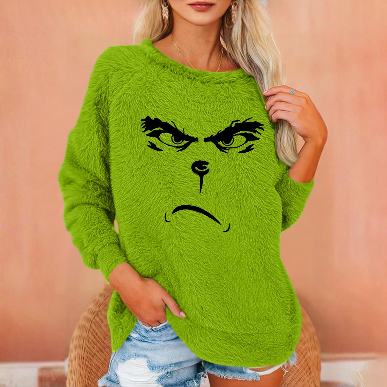 

Женский модный пуловер с круглым вырезом, длинными рукавами, рождественским принтом, свободного кроя, плюшевый, теплый XXL