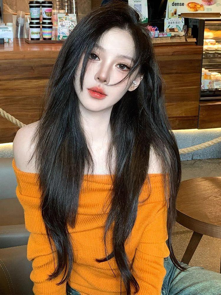 Elegant Tangerine One-Shoulder Knit Sweater - Women's Autumn/Winter Long-Sleeve Top