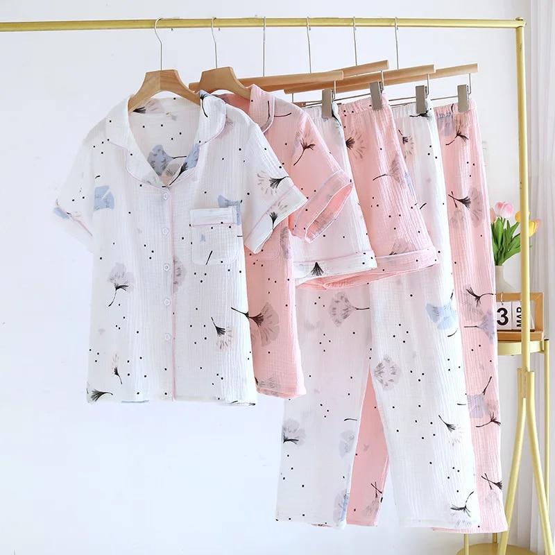 2026 Summer New Women's Pajamas Three Piece Set 100% Pure Cotton Crepe Short Sleeves+Shorts+Long Pants Thin Home Fury Ladies