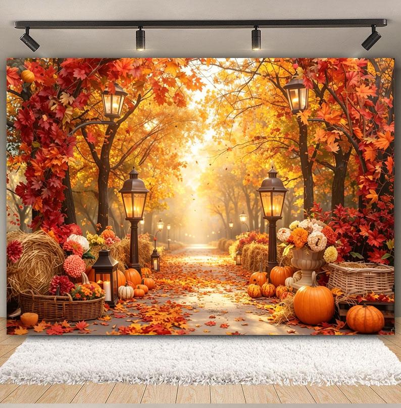 Autumn Forest Photography Background Fall Pumpkin Maple Leaves Street Light Kids Portrait Thanksgiving Backdrop Photo Studio