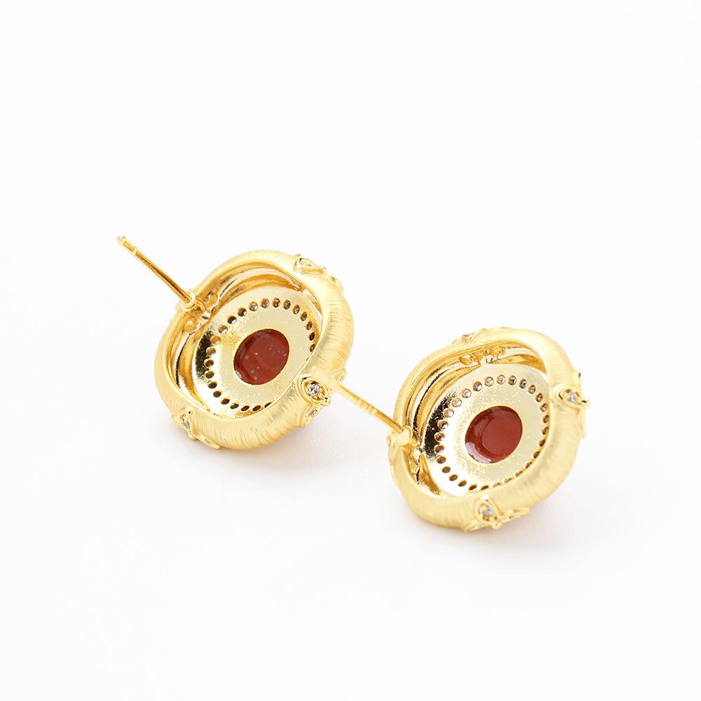 Court vintage style gold brushed craft geometric stud earrings red agate 925 silver needle diamond earrings earrings for women