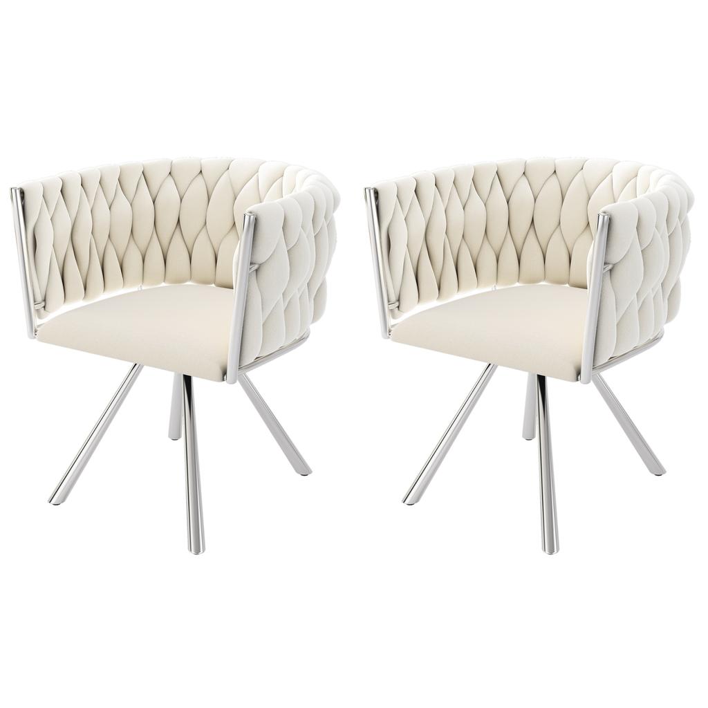 Samt Esszimmerstuhl, 2er-Set, Einzelner leichter Luxus Wohnzimmer Schlafzimmer Drehstuhl, Freizeit-Drehstuhl mit vier Metall-Stützbeinen, Beige+Silber