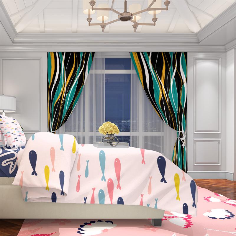 Set Of 2 Blue Yellow Lines Hd Printed Curtain Polyester Material Suitable Bedroom Living Room Study For Area Made