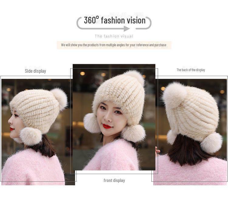 Yutong Women's Winter Mink Hat with Fox Pom and Ear Protection