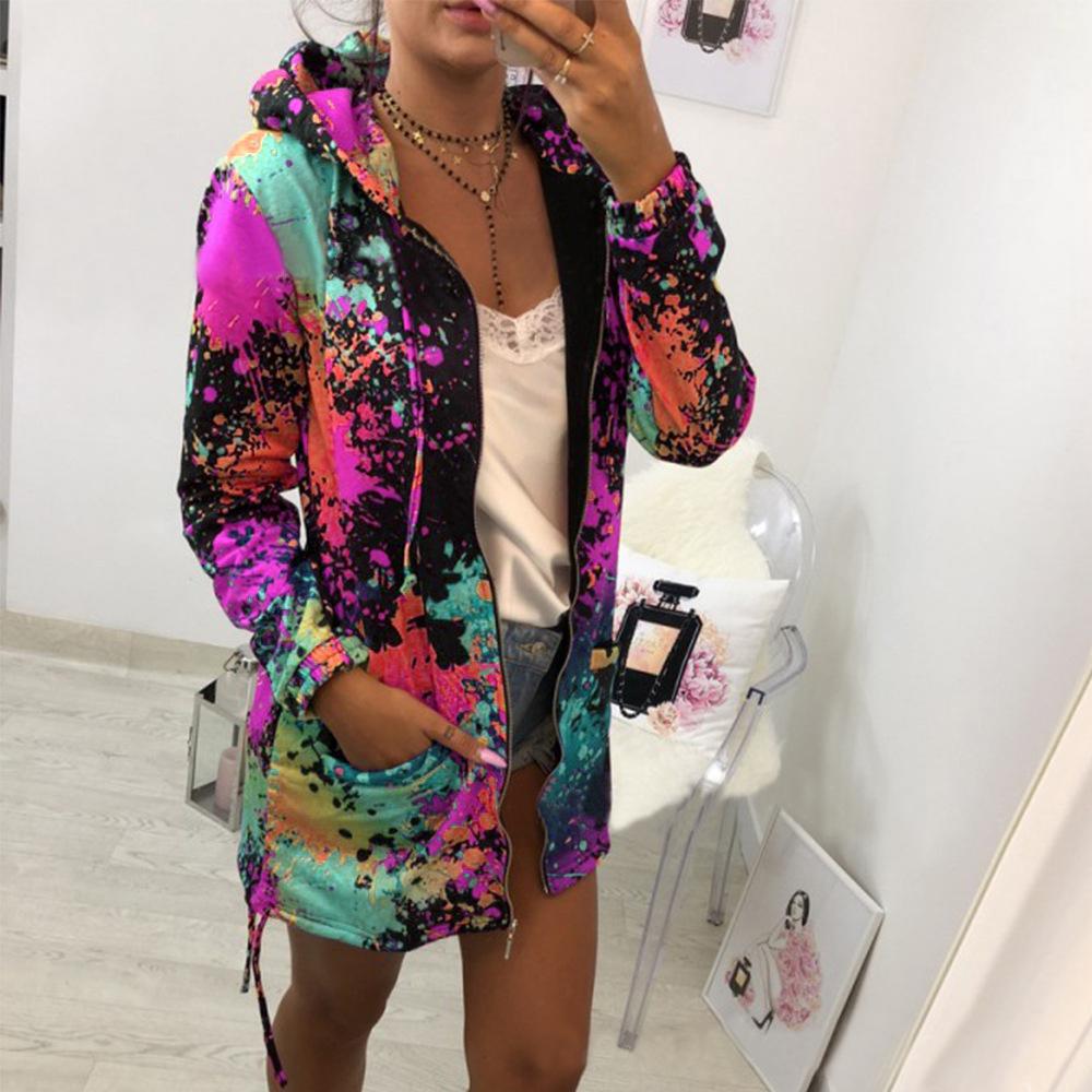 Women Casual Long Sleeve Zipper Jacket Multicolor Printing Hooded Coat