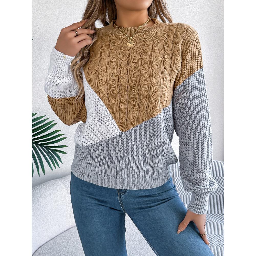 Women's Sweatshirt-Style Casual Colour-Blocked Cable-Knit Long-Sleeved Pullover Knit Top