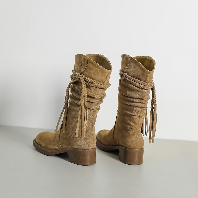 Spot Wasteland Wind Woven Fringed Retro Short Boots Women's 2025 Autumn and Winter New Thick Heel Western Medium Tube Knight Boots