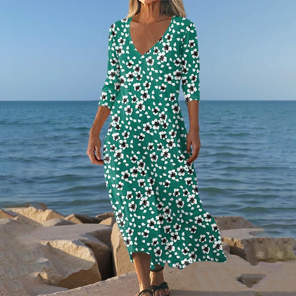 Kjoler For Damer Vintage Print Tunika Midjet Midi Kjole Sommer Hverdagslig 3/4 Ermet Kjole