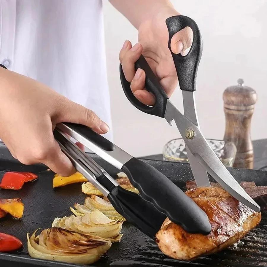 Portable Stainless Steel BBQ Scissors Clip Set Silicone Food Clip Scissors Suitable for Outdoor Camping BBQ Accessories