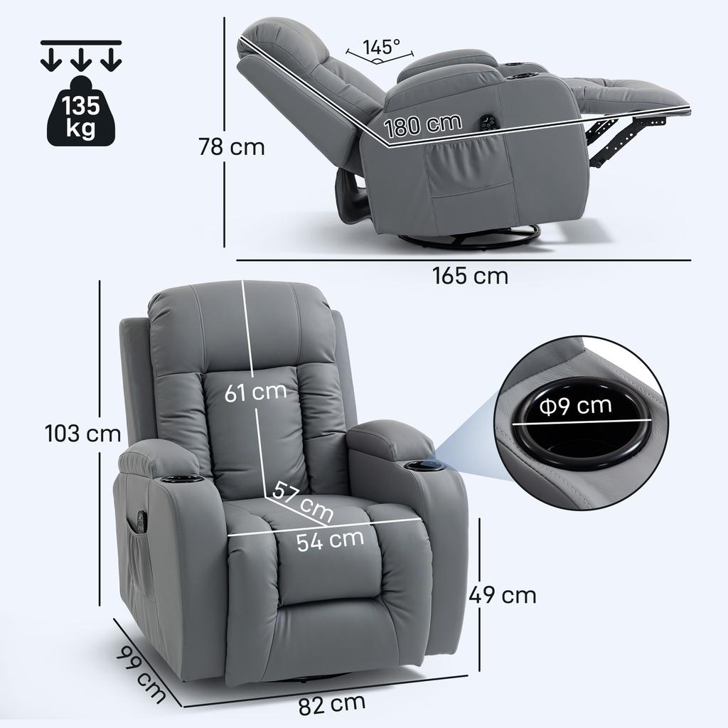 Reclining Massage and Heating Chair, Adjustable Backrest, Swivel, 82 x 99 x 103 cm, Light Gray
