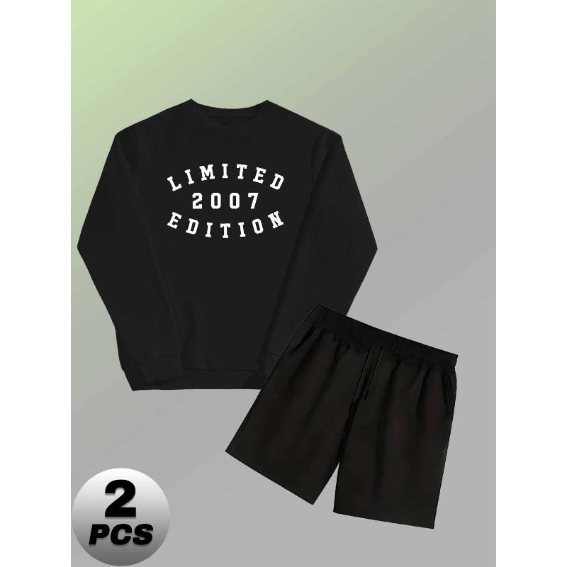 

Polyester Men s 2 Piece Casual Outfit Crew Neck Pullover Sweatshirt and Drawstring Shorts Versatile Outdoor XXL чорний