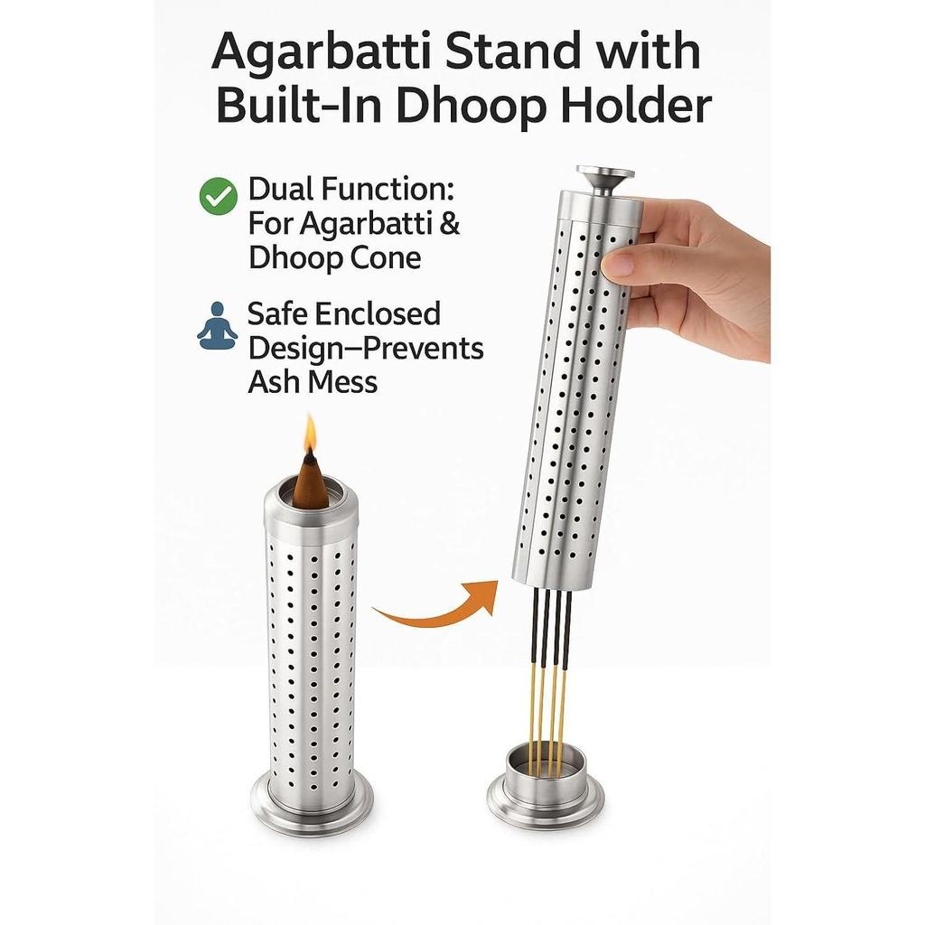 Stylish Stainless Steel Safety Agarbatti Stand with Dhoop Holder on Top-Stainless Steel