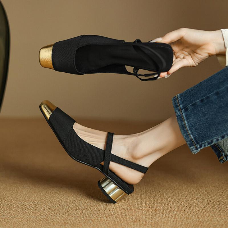 

New square head bag head sandals women s casual solid color one pedal summer empty sandals thick heel size sandals women 39 чёрный