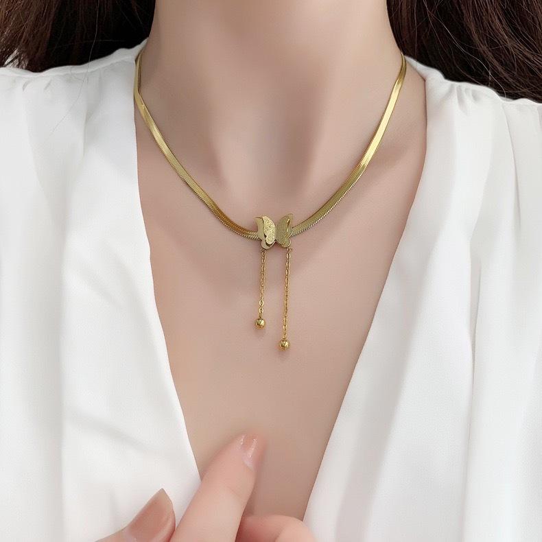 Gold Plated Butterfly Pendant Necklace with Snake Bone Chain and Tassel - Stainless Steel, Fashion Luxury for Women