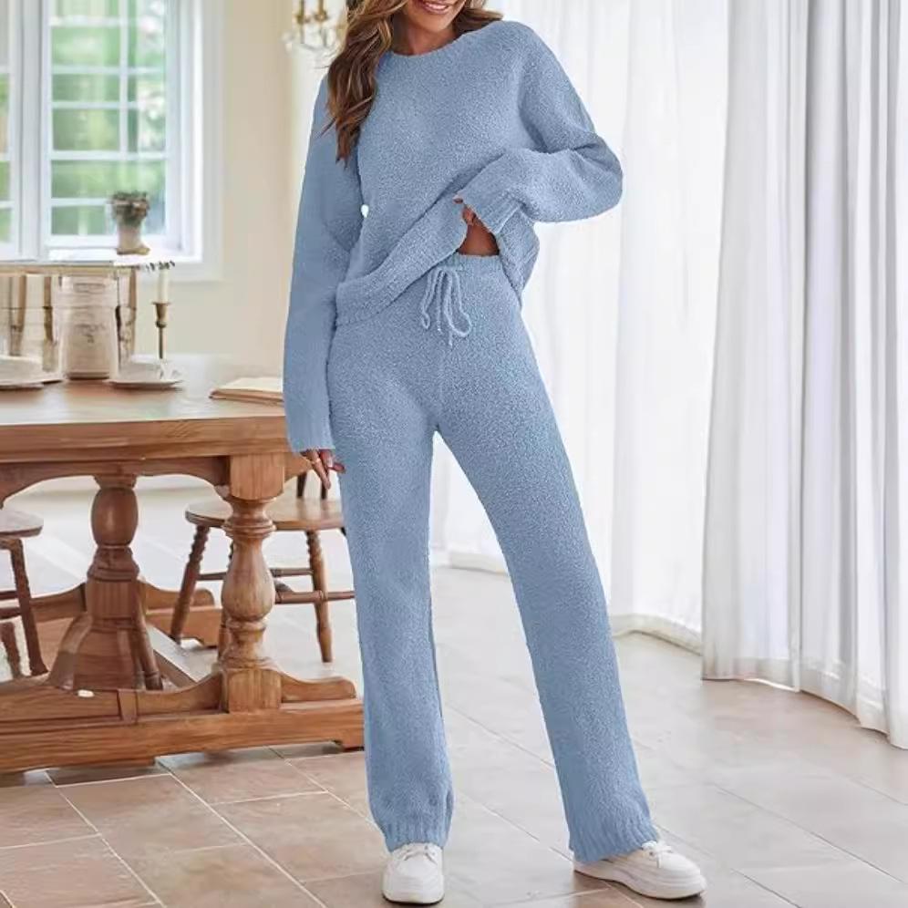 Women's Solid Color Round Neck Long Sleeve Trousers Thick Warm Suit