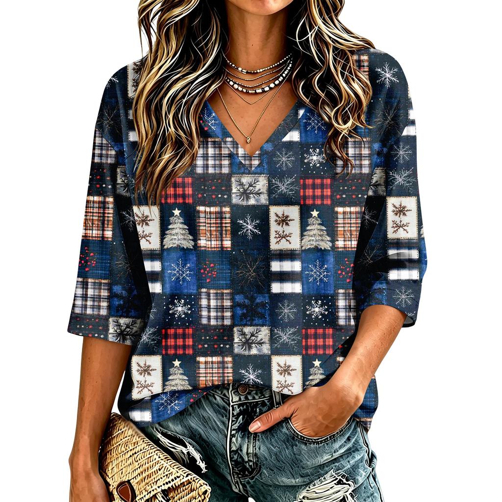 Women's Casual Christmas Print V-Neck Three-Quarter Sleeve Blouse for Holiday Party