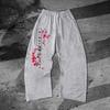 Japanese-style Cherry Blossom Print Casual Sweatpants; Japanese-inspired Loose-fit Casual Sweatpants