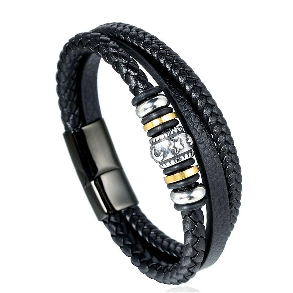 Hand woven multi-layer men s leather bracelet, stainless steel leather rope bracelet, fashionable daily jewelry gift accessories