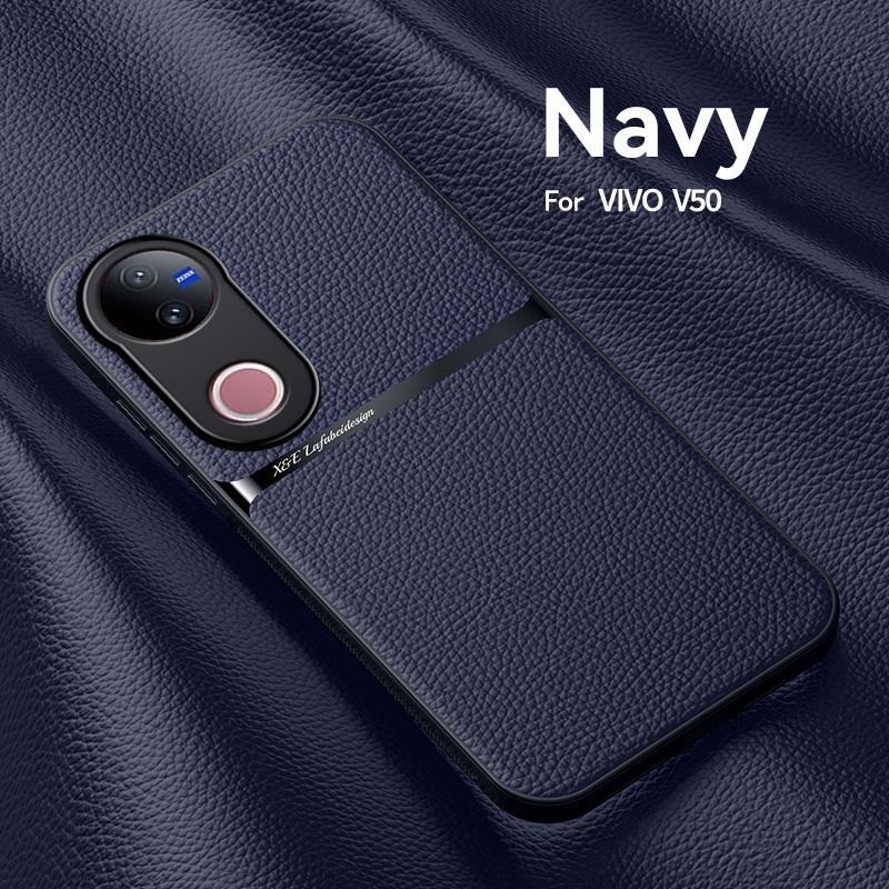 For VIVO V50 Leather Texture Built-in Magnetic TPU Soft Edge Anti-drop Anti-fingerprint Phone Case