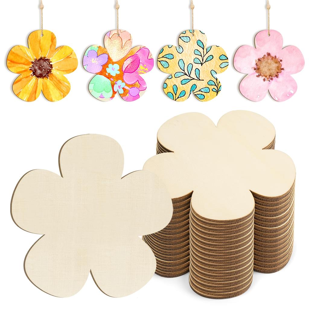 Wooden Flower Shape Wood Chips,Blank Plum Blossom Flower Wood Carving Decoration,Can Be Used For Party,Baptism No Holes Strings