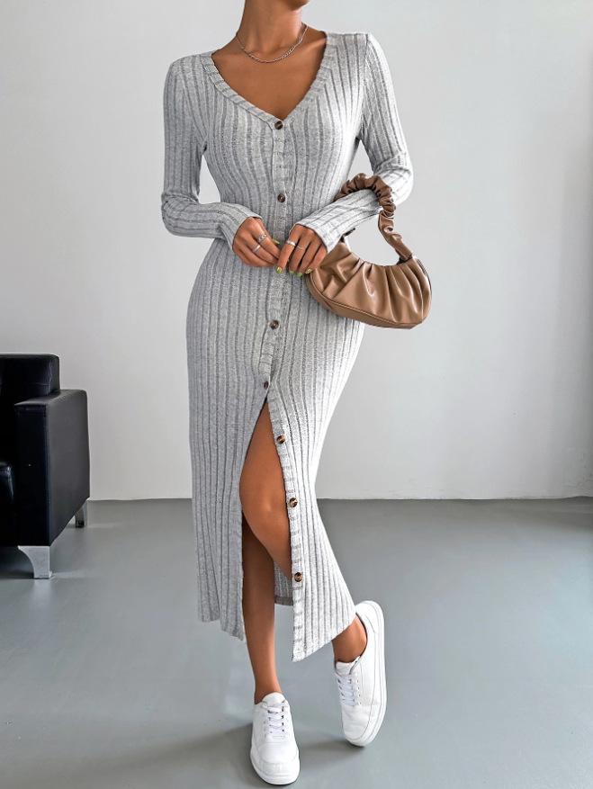 2025 Fall/Winter Women’s Ribbed Brushed Button Long Sleeve Cardigan Dress