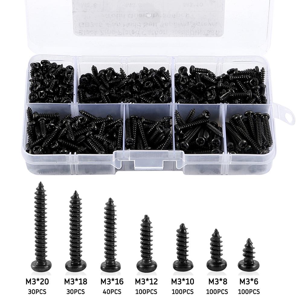 500pcs M3 Black Self Tapping Screws Pan Head Cross Self Drilling Wood Assortment Kit 6-20mm Carbon Steel Screw for DIY Projects