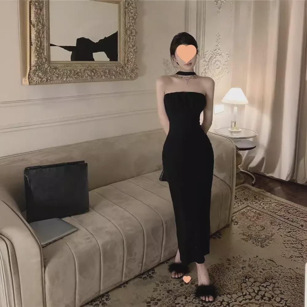 2024 Siyah Halter Yaka Seksi Yaz Elbisesi - Fiyonk Detaylı Slim Fit