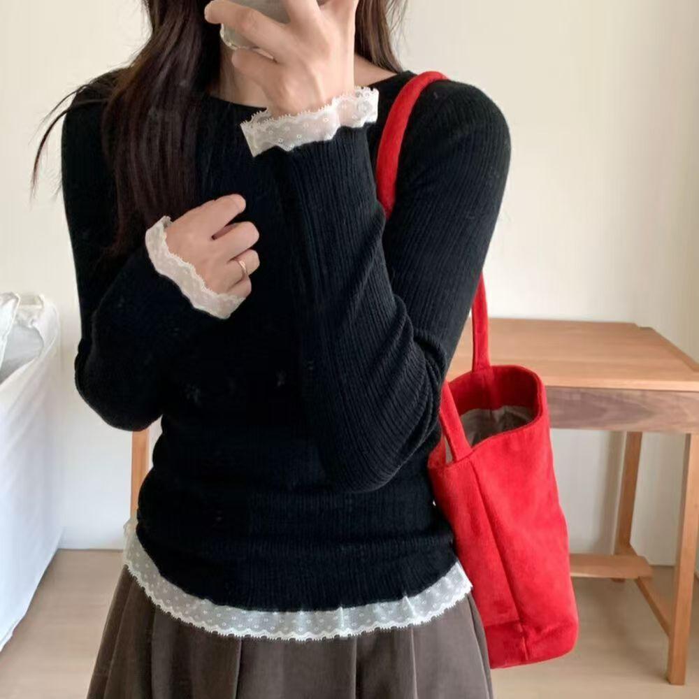 

Women s Outer Wear Lace Trim Long Sleeve Round Neck Soft Sweater Knitwear Autumn Slim Inner Base Layer Top S