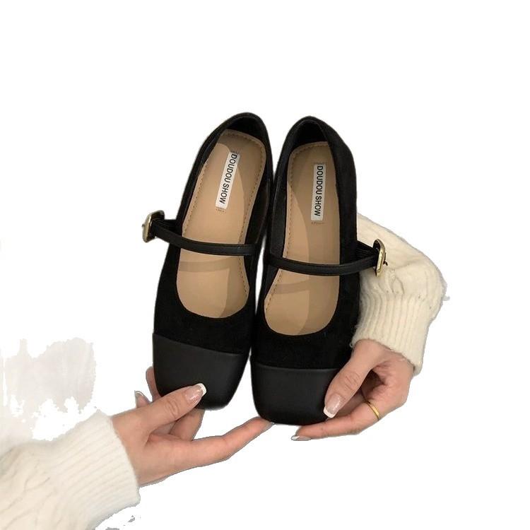 Square Head Shallow Mouth Single Shoes Women's Spring New Temperament Flat Bottom Mary Jane Shoes Women
